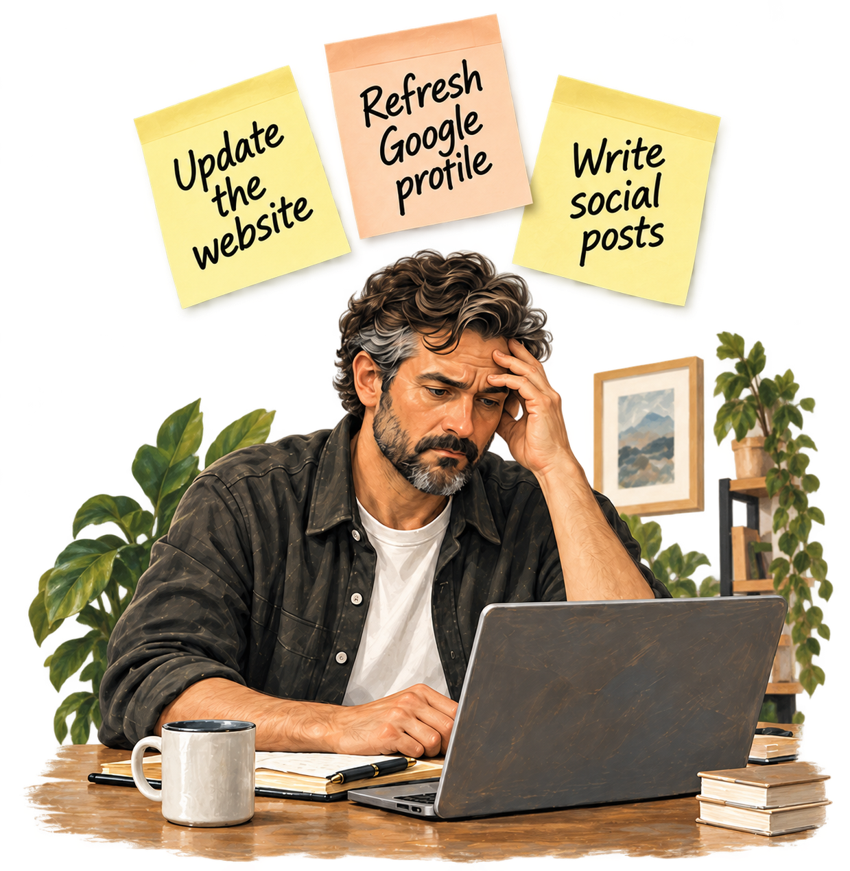 An overwhelmed business owner at his laptop, with sticky-note reminders to update the website, refresh his Google profile and write social posts.
